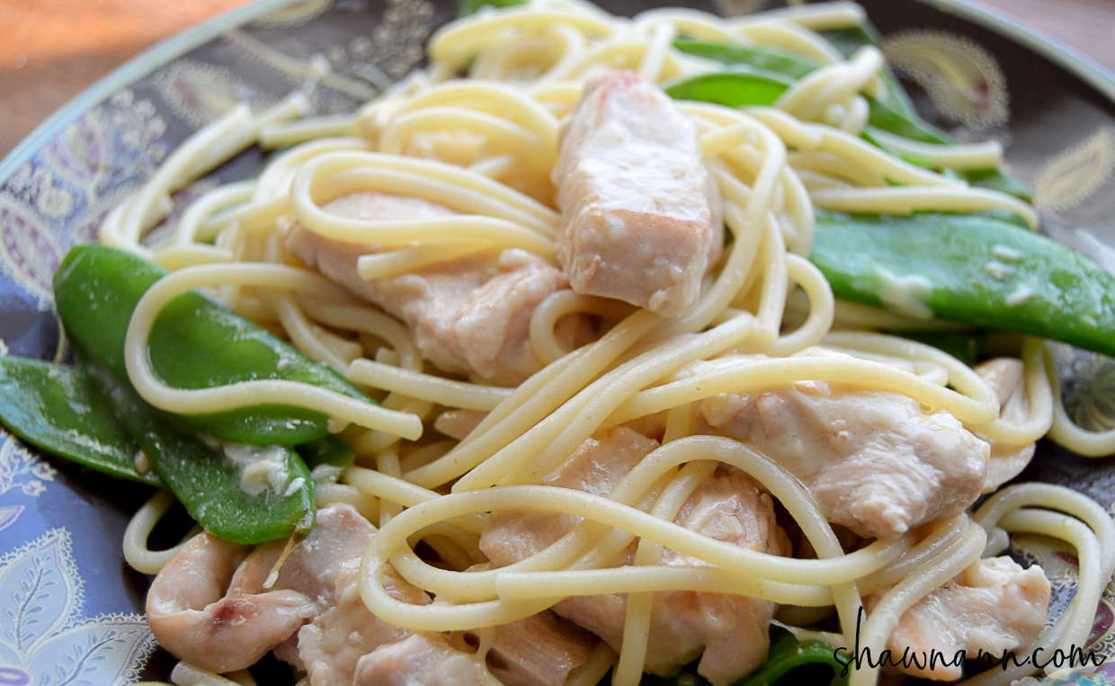 Add a little chicken and snow peas to your spaghetti noodles and you have a nice main dish meal for lunch or dinner!